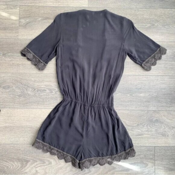 Free People Blue Life Boho Romper 3/4 Sleeve Surplice Neck Crochet Lace Black S - Picture 11 of 16